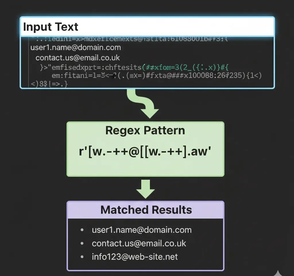 Python code example extracting email addresses using regex, with highlighted pattern and match results