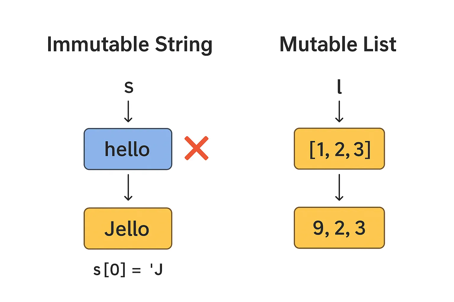 Python string vs list mutability: memory example