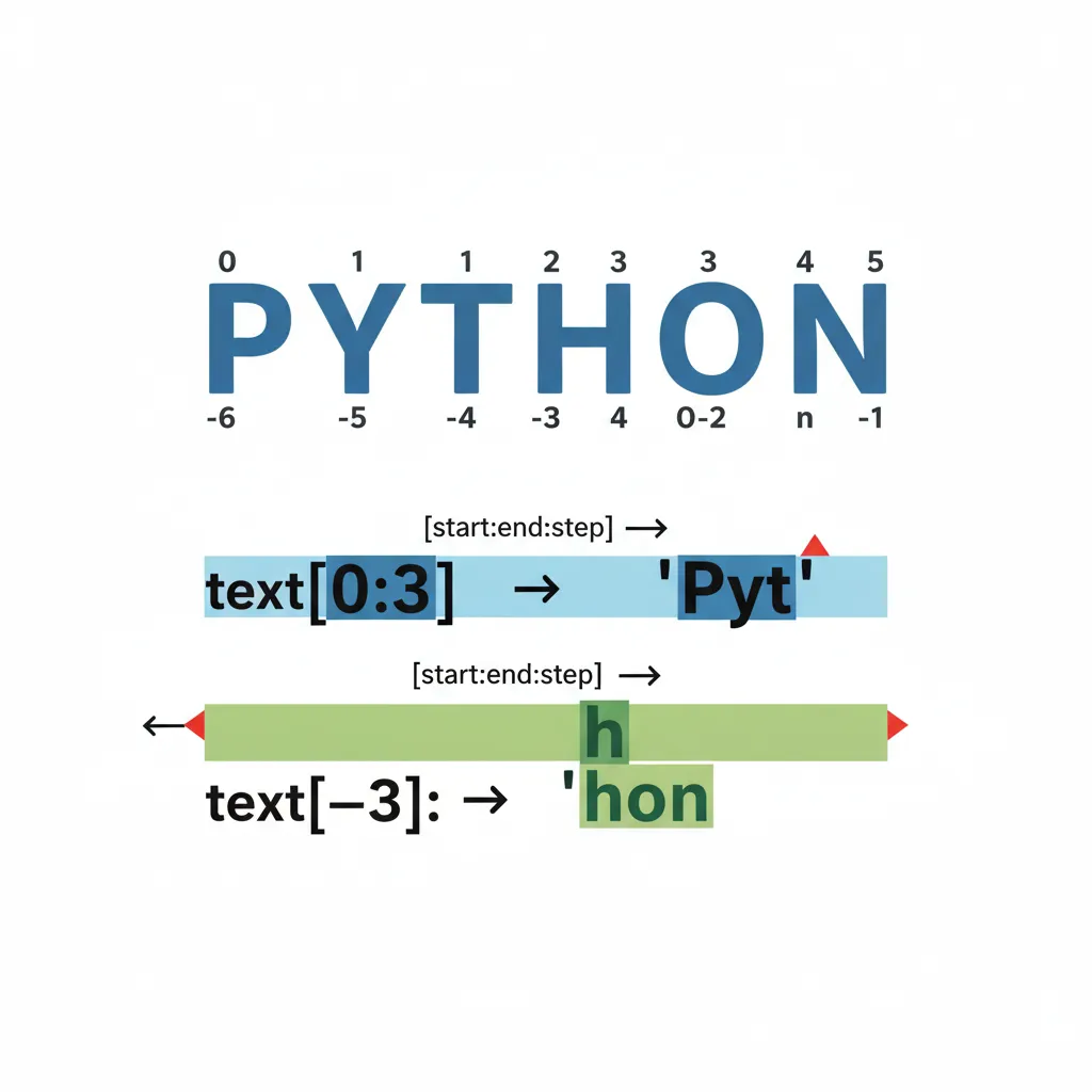 Python string slicing syntax illustration showing text[0:3] gives Pyt and text[-3:] gives hon, with color-coded start:end boundaries.